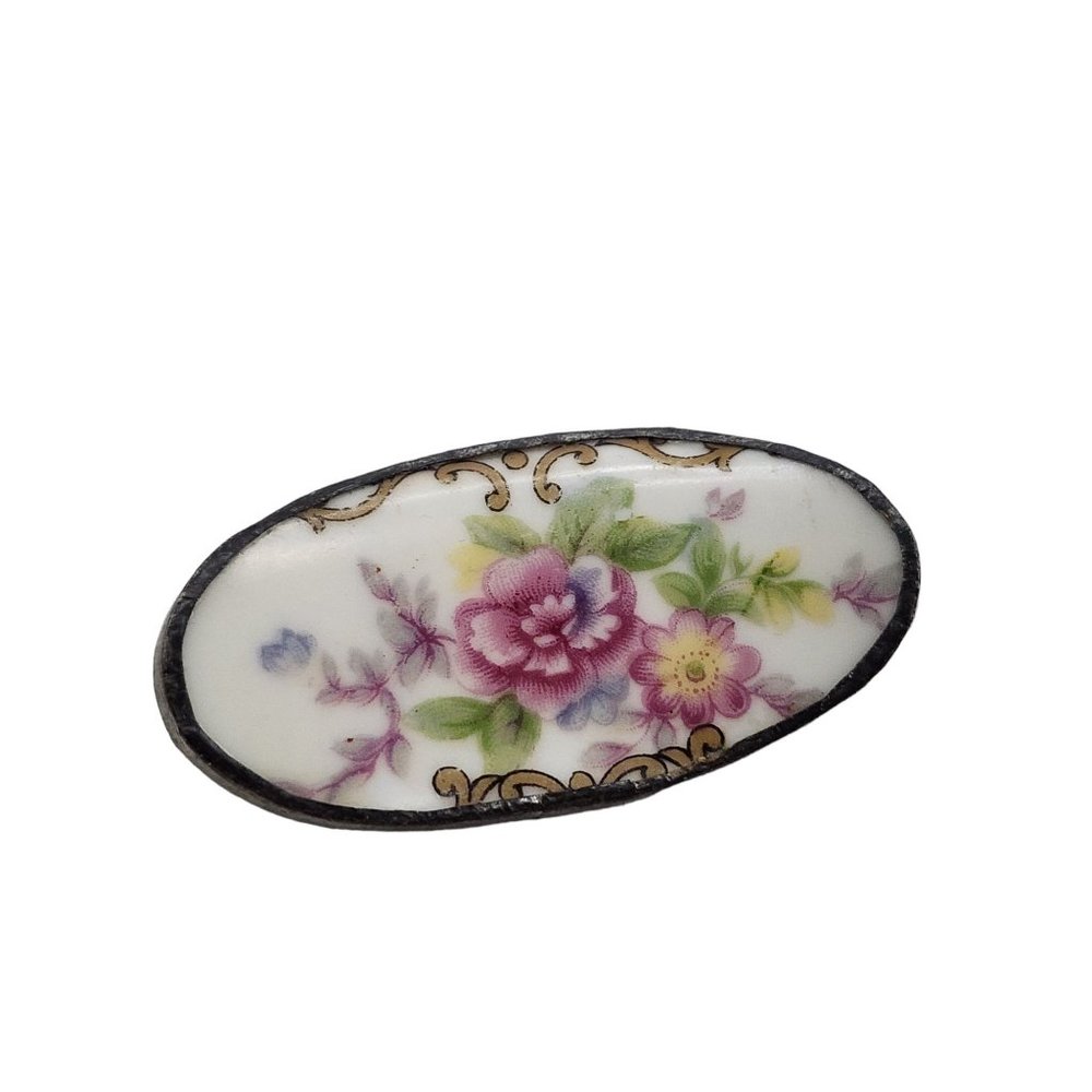Vintage Curved Bezel Set Porcelain Flower Brooch (A3861)